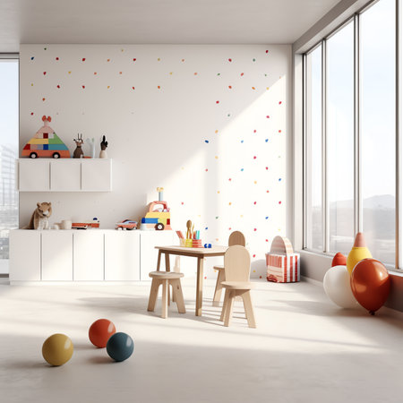 Mockup wall in the children's room,children's playroom on wall white color background.3d renderingの素材