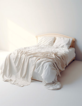 Empty bed with disheveled pillows and sheetsの素材