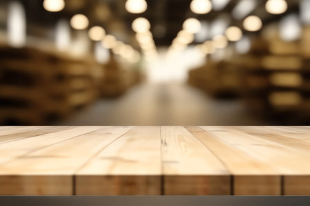 Wood table top with supermarket grocery store aisle interior blurred background with bokeh light forの素材