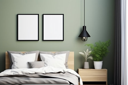Mockup frame in bedroom interior background, room in light pastel colors, 3d renderの素材