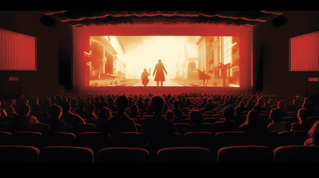 People Sit Cinema Hall Back Rear View Looking Ar Screen With Copy Space Flat Vector Illustrationの素材