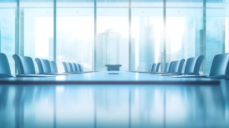 Blur image of empty boardroom with window cityscape background. Business conceptの素材