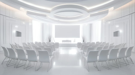Front view of luxury auditorium interior with empty white screen. Modern conference hall with rows oの素材