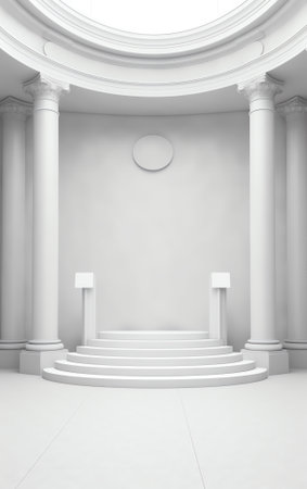 White podium for products show in concrete hallway with park background.3D rendering.の素材