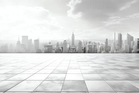 empty brick floor with cityscape of modern cityの素材
