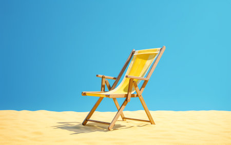 Empty beach chair with striped towel on beachの素材