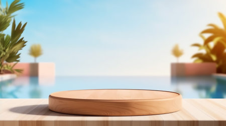 Empty wood table for product presentation, summer beach with blue sea and sky banner background. proの素材