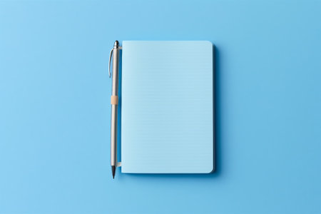 Notepad for agenda kept on table in empty corporate conference room before business meeting in blueの素材