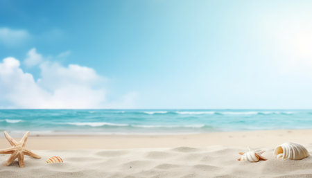Empty tropical beach background. Horizon with sky and white sandの素材