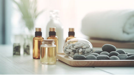 Close-up view of spa accessories on the table with spa in the backgroundの素材