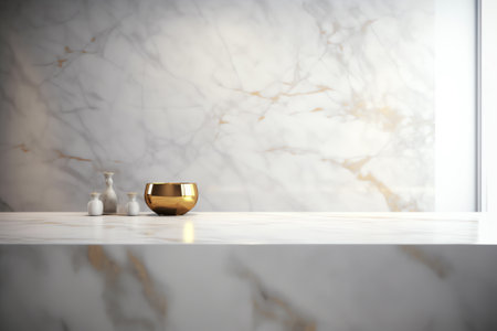 Realistic 3D render close up perspective blank empty marble counter top for product display with modの素材