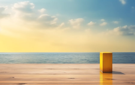 Wooden platform on the table for standing product against the background of the autumn sea landscapeの素材