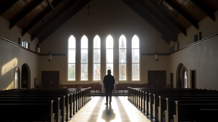 empty church sanctuary view from the pulpit and microphoneの素材