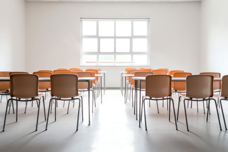 An empty large lecture room / University classroom with blue chairsの素材