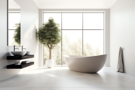 Modern bathroom interior with beige walls, marble basin with double mirror, bathtub and grey concretの素材