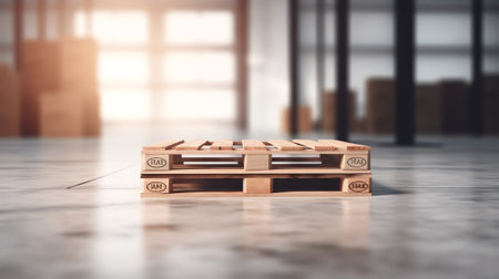 Wooden board empty table in front of blurred background. Perspective inside of warehouse with aisleの素材