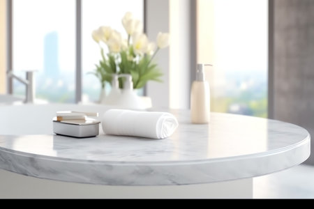 Blurred bathroom background and Marble counter table top can be used mock up for montage products diの素材