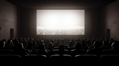 People in the cinema auditorium with empty white screen.の素材