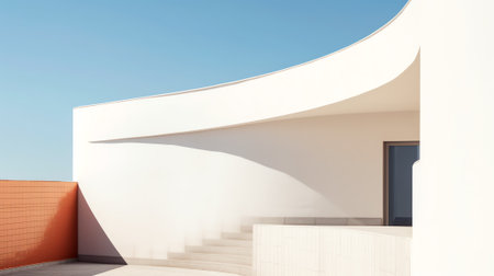 Modern art curved building with empty brick square against clear sky background.の素材