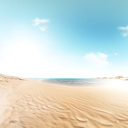 Empty sandy beach in the background with a blurry summer sea.の素材