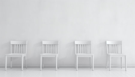 Front view of rows of white chairs standing in an auditorium on a white floor near a white wall. Theの素材