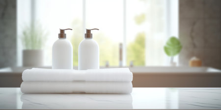 Ceramic shampoo, soap bottle and towels on counter over bathroom background. table top and copy spacの素材