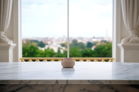 Empty marble top table with blurred bathroom interior Background. for product display montageの素材