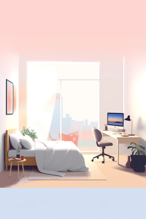 Home bedroom interior design. Cozy empty room with comfortable bed, blanket, pillows, window, houseの素材