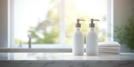 Ceramic soap, shampoo bottles and white cotton towels on white counter table inside a bright bathrooの素材