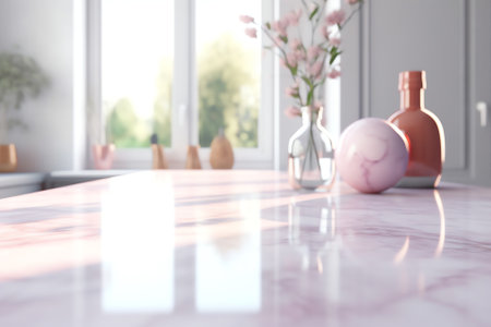 Products Display Concept. Empty pink marble top table for product display with blurred bathroom inteの素材