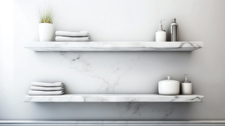 Marble tabletop with toiletry and mockup space for product display over blurred elegance bathroom inの素材