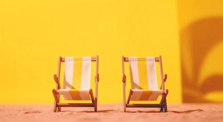 Yellow wooden beach chairs on blue background. Vacation. 3d rendering. 3d image.の素材