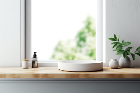 Close up of white bathroom sink standing on wooden countertop in room with white wall and narrow mirの素材