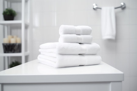 Towels on white wood top table with copy space on blurred background. For product display montage.の素材