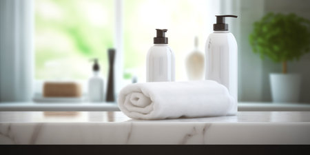blurred background of bathroom interior and dark brown towelsの素材