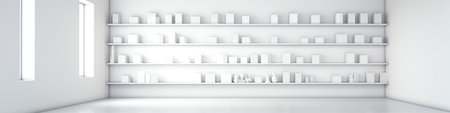 Realistic supermarket interior mockup with white shelves. Vector illustration of empty shop, marketの素材