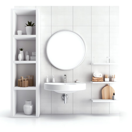 White bathroom interior with a round mirror on the wall. 3d renderingの素材