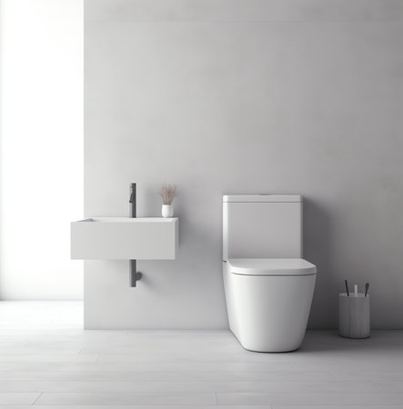 creative and modern bathroom with blank wall for bathroom cabinet and toilet bowl, empty roomの素材