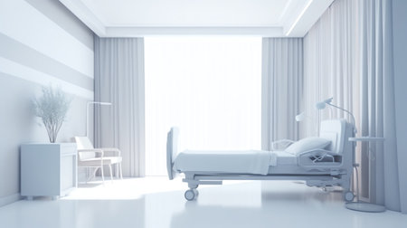 Empty bed in a hospital room awaits treatment from the doctor. Patient room background, insurance coの素材