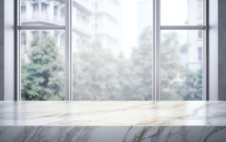 White marble countertop and tile wall. Empty bathroom shelf, kitchen table top with stone texture anの素材