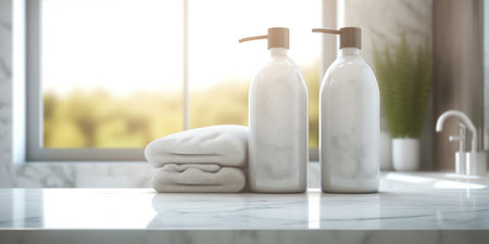 panorama shot : Towels on marble top table with copy space on blurred bathroom background. For produの素材