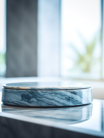 Empty marble table top with blurred bathroom interior backgroundの素材