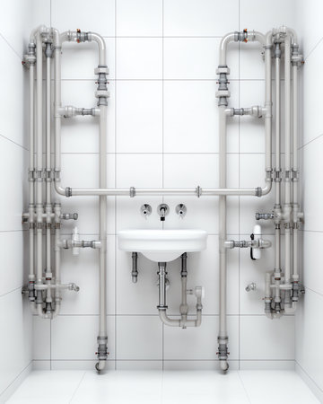 Repair works in empty bathroom. Improvement works in sanitary block of new apartment.の素材