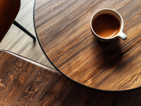 Round wooden table and black chair indoors, top viewの素材