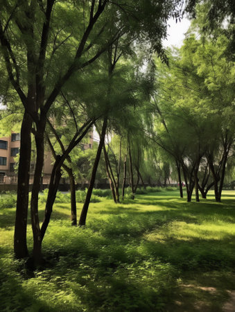 Trees with large courtyards and green lawns.の素材