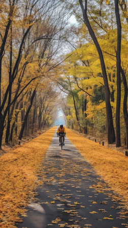 Empty road amidst autumn trees at oliwski parkの素材