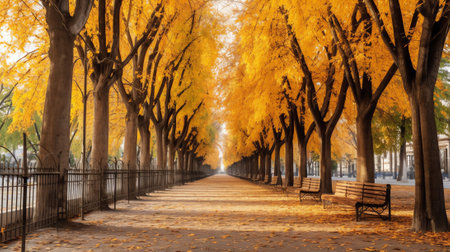 Picturesque autumn trees growing between vast green fenced meadow and empty alley covered with yelloの素材