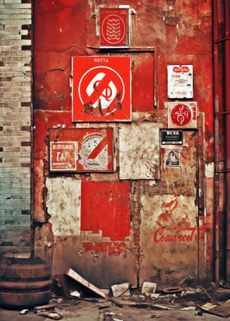 Weathered sign at an empty bus stop with red background in Morondava, Madagascarの素材