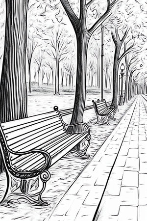 Empty park benches at a park summer morning view.の素材