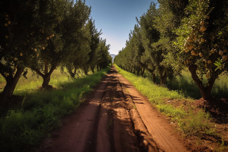 Empty narrow walkway between lush green trees on sunny summer day in agricultural plantation in counの素材